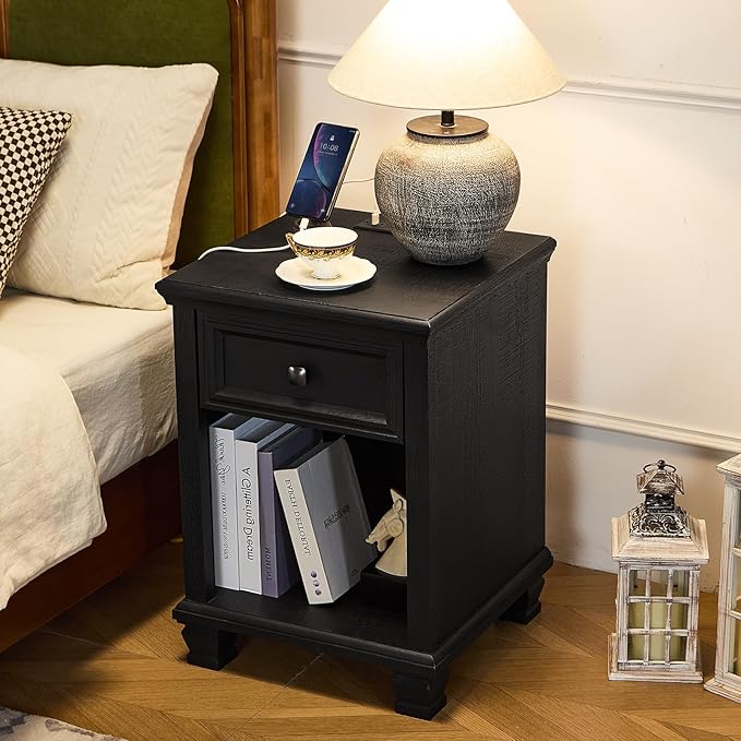 SAVOR LIFE Farmhouse End Tables Living Room with Drawer, Rustic Wood Nightstand with Charging Station, Bedside Table with Open Shelf for Bed Room, Living Room, Black