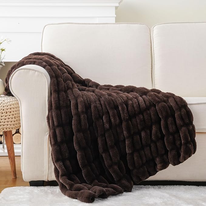 BATTILO HOME Dark Brown Faux Fur Throw Blanket for Couch, Double Side Reversible Ruched Rabbit Fur Blanket for Couch, Bed, Sofa, Soft Warm Mink Cozy Blanket, 50x60 Inch