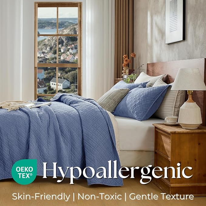DOWN HOME Twin Quilt Set with Sham Lightweight Quilted Bedspread Coverlet Thin Comforter Bed Cover Vintage Washed Quilted Blanket for All Season, Brushed Microfiber Diamond Stitching, Blue, 66"x92"