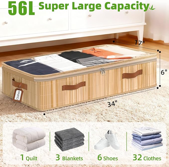 Livole 2 Pack Bamboo Under Bed Storage, 6 inches Underbed Storage Containers, 56L XXL Under Bed Storage Bins with Clear Lid & Label for Clothes, Blankets, Sweater, Shoes
