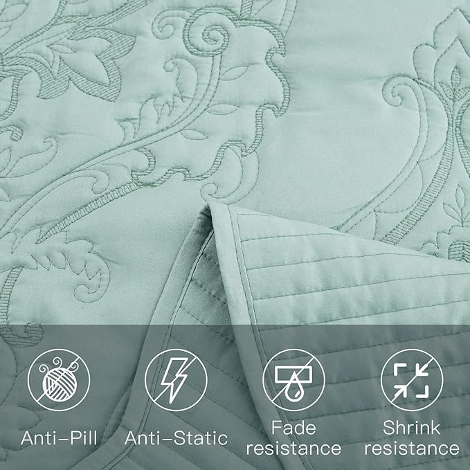 CHIXIN Bedspread Coverlet Set Queen Size - Lightweight Bedding Cover - Beautiful Stitching - 5 Piece Reversible Bedspread - Gorgeous Damask Paisley Pattern (Queen, Seaglass)