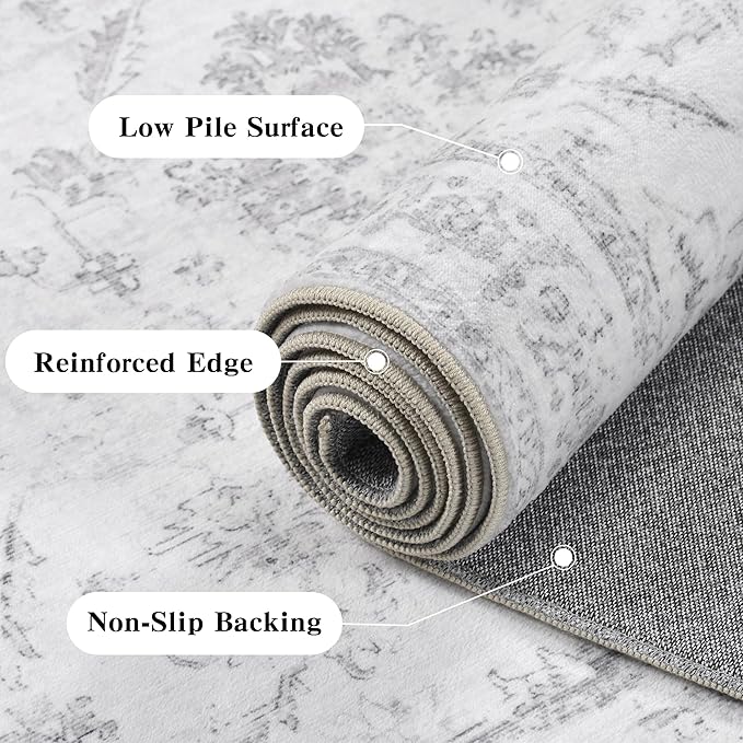 5x7 Vintage Washable Area Rugs Boho Medallion Large Distressed Retro Accent Carpet Floral Non-Slip Soft Low Pile Indoor Throw Rug for Living Room Bedroom Dining Room Office Kitchen, Gray