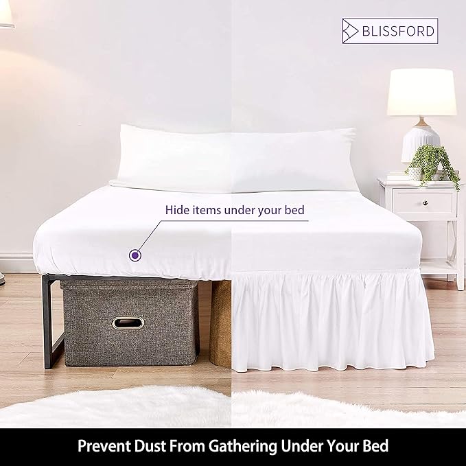 BLISSFORD White Bed Skirt Queen Size 21 inch Drop - with Split Corners - Cotton Blend Ruffled Bed Skirt, Dust Ruffle with Platform, White Queen Size Bedskirt, Machine Washable
