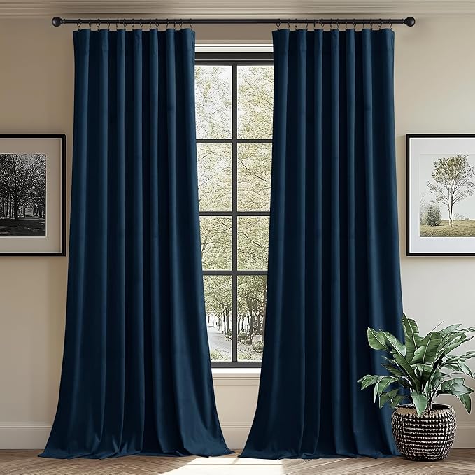 StangH 96 inches Velvet Curtains Navy Blue Blackout Noise Reducing Drapes for Home Theater Studio, Privacy Protect Window Treatment for Bedroom/Dining Room, W62 x L96, 2 Panels