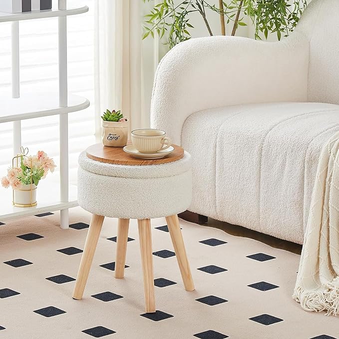 Mxfurhawa Storage Ottoman Foot Stool Teddy Velvet Round Vanity Stool Tray Top Footstool with Wood Legs Upholstered Foot Rest Ottoman for Living Room, Bathroom, Makeup (White)