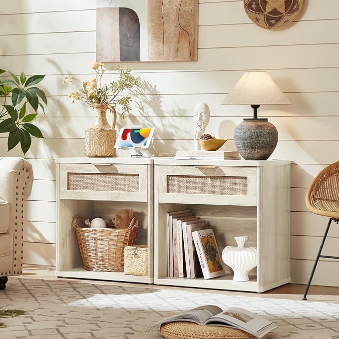 LEYAOYAO Rattan Nightstand with Charging Station, Grey White Night Stand with Drawer, 23" Wide Boho Bedside Table with Storage Shelf, Bed Side End Tables for Bedroom, Living Room, Hallway