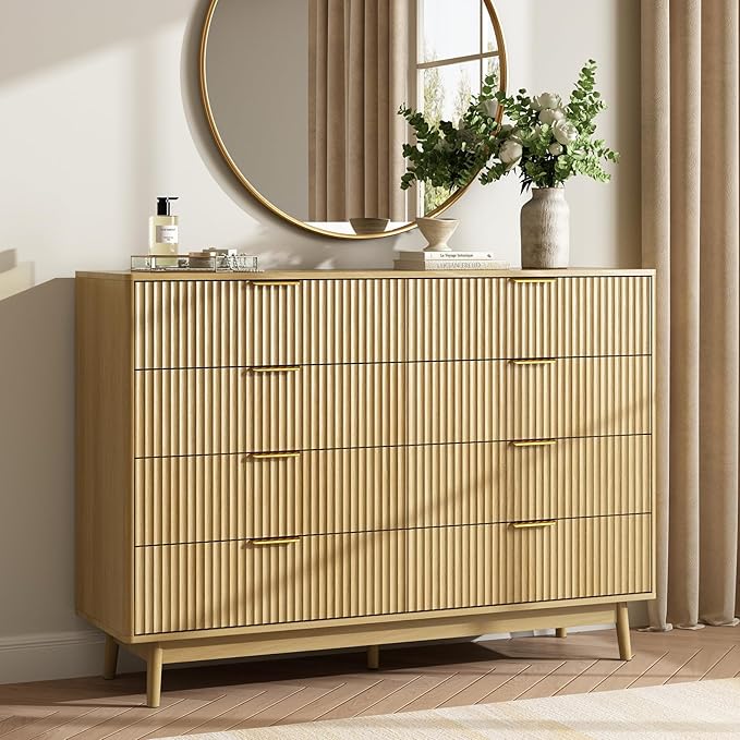 CARPETNAL Fluted 8 Drawer Dresser for Bedroom, 55" Wide Wooden Chest of Drawers with Rounded Corners, Gold Handles, Modern Storage Organizer for Bedroom, Hallway(Oak)