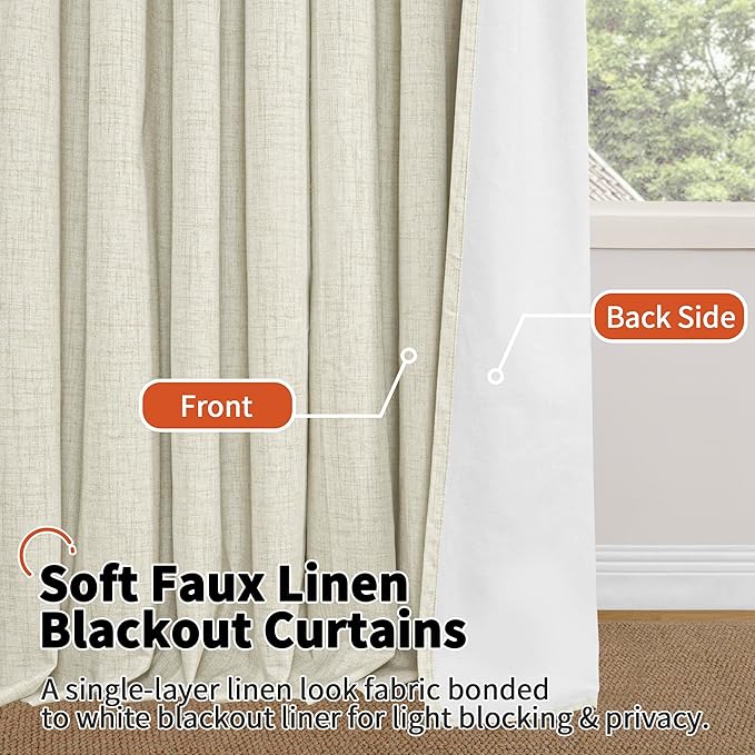 Linen Blackout Curtains for Living Room Narrow Window, Thermal Insulated Complete Light Blocking Privacy Soundproof Small Curtains for Bedroom, Each 38 Inch Wide 80 Inch Length 2 Panels, Natural