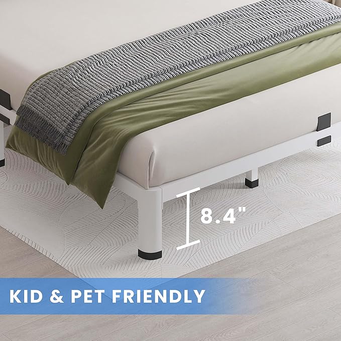 MAF 10 Inch Full Size Bed Frame White with Round Corner Legs Mattress Slide Stopper No Box Spring Needed Heavy Duty Metal Platform Bed Frames Under-Bed Storage Space, 3000 LBS Steel Slats Support