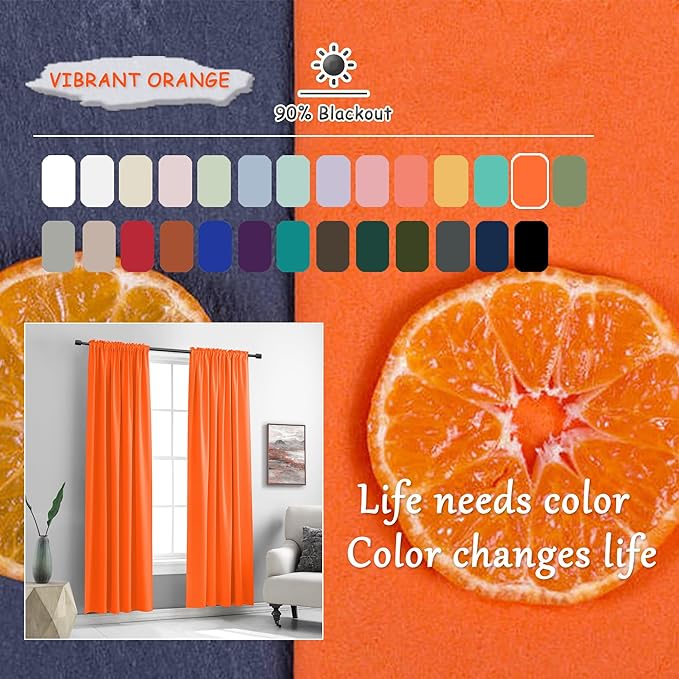 Light Filter Shading Effect Curtains Set for Windows,96 Inch Length Room Darkenging Energy Efficient Privacy Assured Window Treatment Curtains(Vibrant Orange,Pack of 2,52 inches W x 96 inches L)