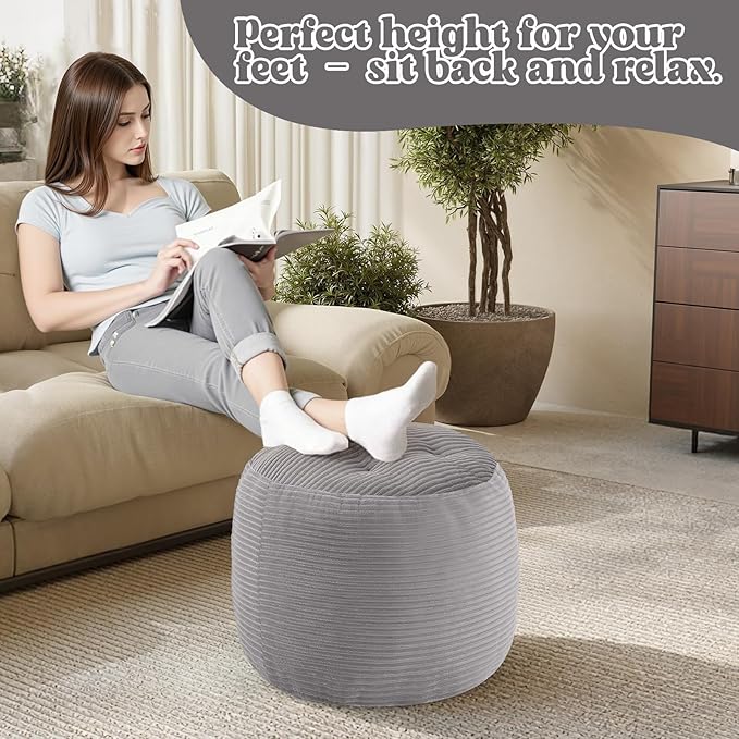 MeMoreCool Stuffed Round Pouf Ottoman Foot Rest, Floor Pouf Foot Stool with Soft Foam Chunk Filling, Round Small Ottoman Footstool Circle Footrest for Couch Living Room, Corduroy Grey