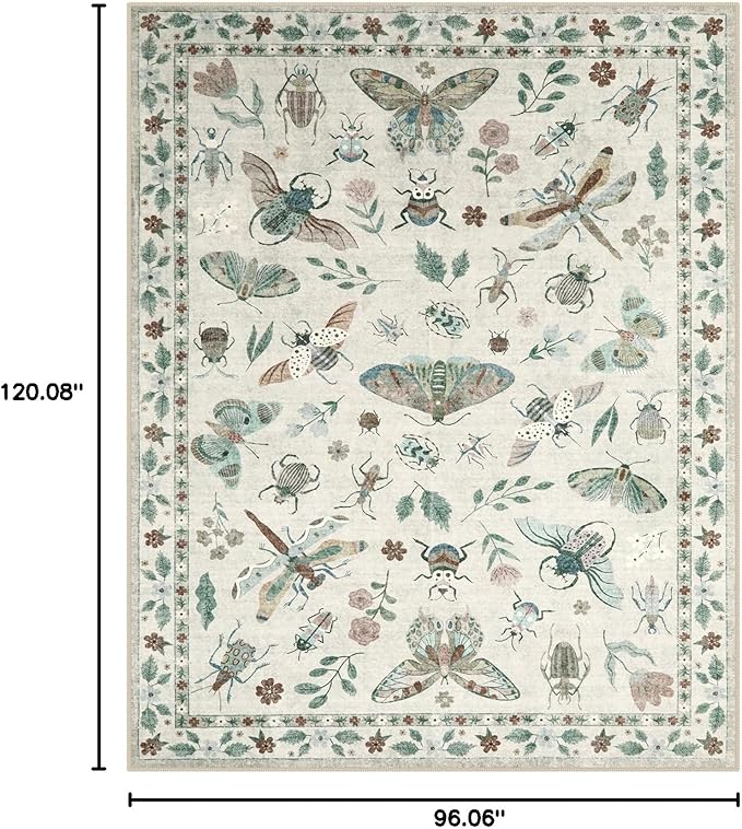 Lahome Insect Print 8x10 Area Rugs, Soft Washable Rugs 8x10 Living Room Rugs for Bedroom Dining Room, Ultra-Thin Modern Rug Stain Resistant Large Accent Carpet for Office Kids Nursery (8'x10',Beige)