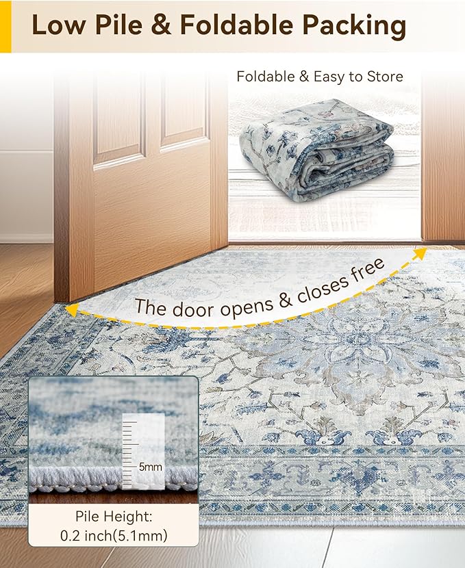 Area Rugs 2'6''x10' Washable Non-Slip, Floral Vintage Distress Print Pattern Medallion Carpet for Living Room Bedroom Dining Room, Light Blue Navy Beige Gray White