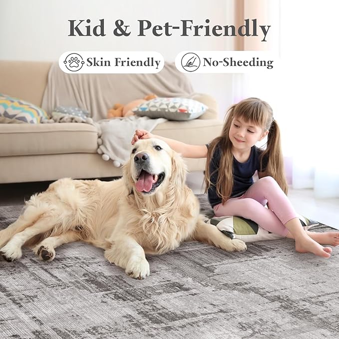 Machine Washable Area Rugs 8x10, Large Modern Abstract Rugs for Living Room Grey Indoor Floor Non-Shedding Carpets for Bedroom Dining Farmhouse Home Office | Grey