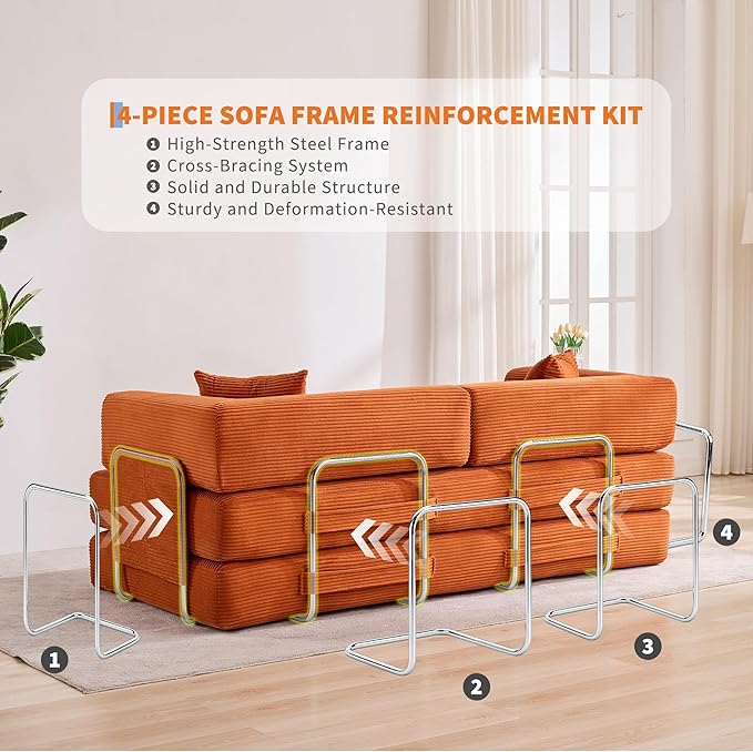 Garvee 5-in-1 Convertible Sofa Bed, 78.8" Modular Corduroy Sleeper with Sturdy Frame & No Assembly, Multi-Functional Futon for Small Space, Living Room & Guest Room (Orange)