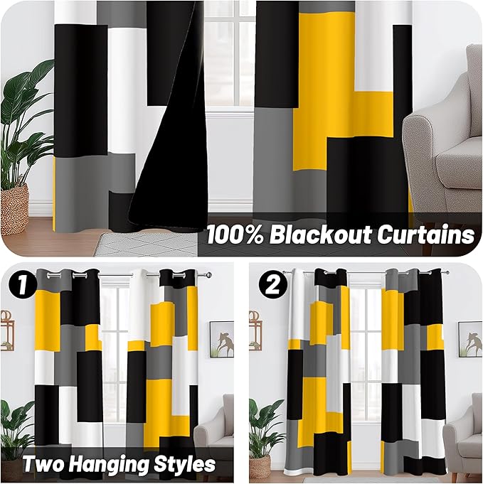 Yellow 100% Blackout Curtains for Bedroom 84 inch Length 2 Panels Set White Grey Modern Abstract Geometric Black Out Curtains Insulated Room Darkening Window Drapes for Living Room, 42Wx84L