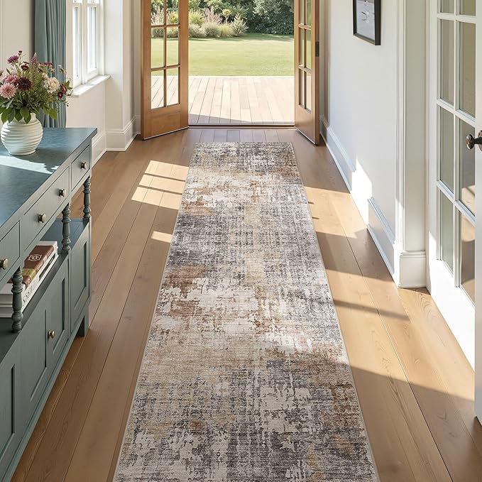 Washable Runner Rug for Hallway: 2.6x12 Neutral Modern Abstract Low Pile Area Rug with Non-Slip Backing - Carpet for Bedroom Kitchen Laundry Entryway Bathroom Indoor - Grey Brown