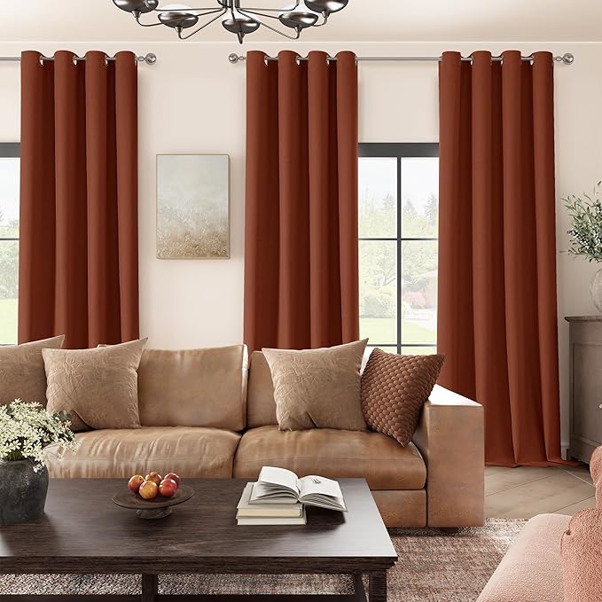 ChrisDowa 100% Blackout Terracotta Solid Curtains 120 Inches Long 2 Panels for Bedroom Living Room,Farmhouse Room Darkening Thermal Insulated Soundproof Grommet Top Window Treatment Drapes,52x120