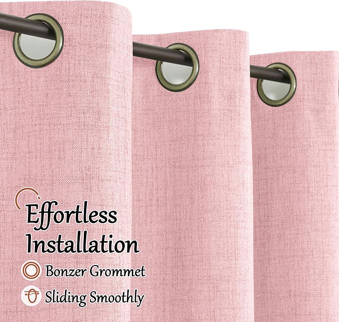 Baby Pink Linen Blackout Curtains for Nursery 80 Inch Length 2 Panels Set, Thermal Insulated Boho Total Black Out Noise Reducing Bonzer Grommets Window Curtains for Girls Bedroom, Each 38 Inch Wide