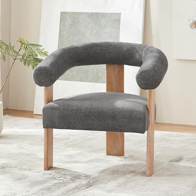 VKNOW Accent Chair Living Room Chair, Modern Upholstered Arm Chair with Solid Wood Legs, Comfy Barrel Accent Chair for Living Room, Bedroom, Dark Grey