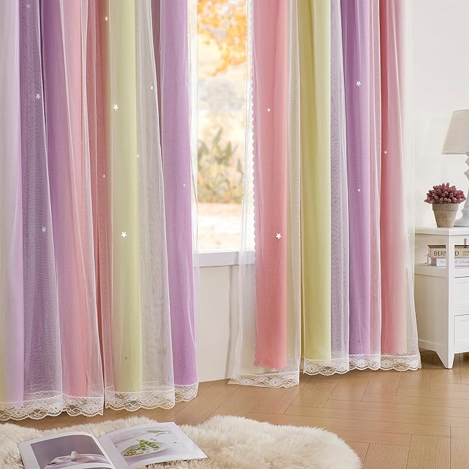 XiDi Curtains for Bedroom Decor, Rainbow Pink PurpleYellow34/96/1