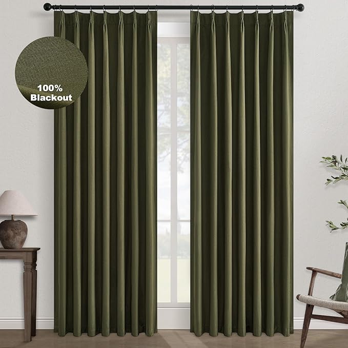 Topfinel Olive Green 105 Inches Long Custom Black Out Faux Thick Linen Curtains, Pinch Pleated Heat Reflective Curtains with Pin Hooks, Luxury Lined Back Tab Drapes 2 Panels for Living Room
