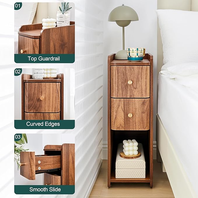 Narrow Nightstand Set of 2, Wooden Small 2 Drawer Nightstand, Slim Side End Table, Skinny Bedside Table, Mid Century Modern Night Stand with Drawers, for Bedroom (Walnut-2pcs)