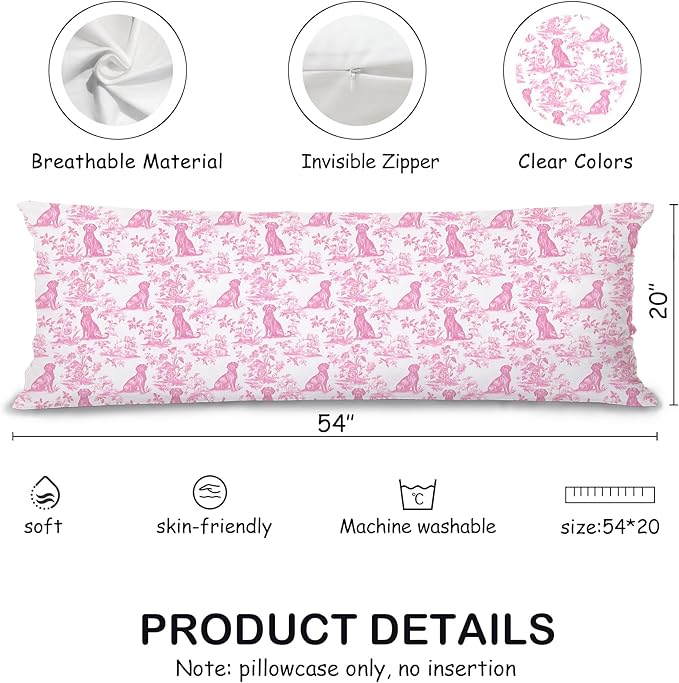 Pink Chinoiserie Labrador Retriever Dog 20x54 Body Pillow Cover with Zipper,Labrador Retriever Decor,Grandmillennial Pink Dog Decorative Body Pillow Cases for Bed Couch
