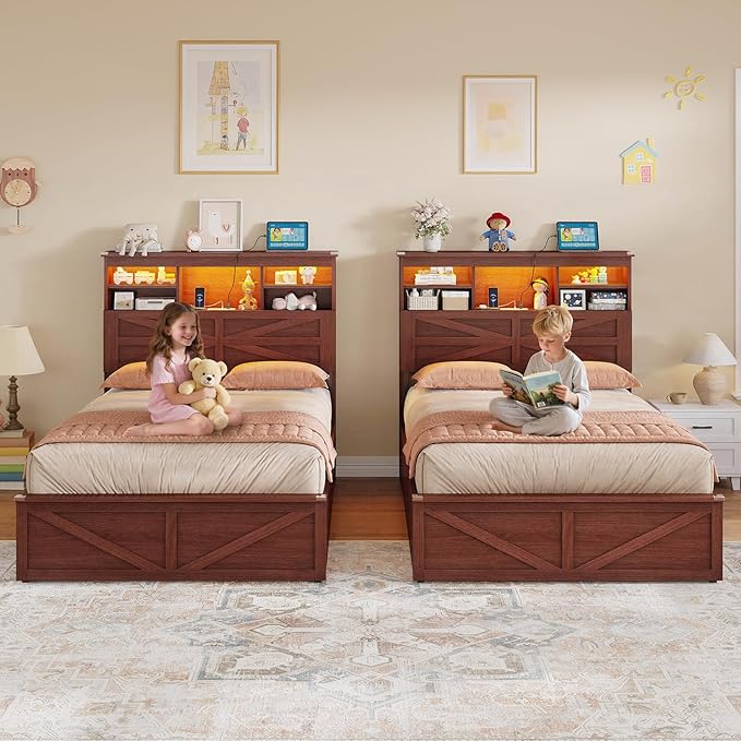 AOGLLATI Farmhouse Twin Bed Frame with Lift Up Storage & Hidden Bookcase Storage Headbord, Wood Bed Frame Twin with Charging Station, Led Lights, No Box Spring Needed, Brown