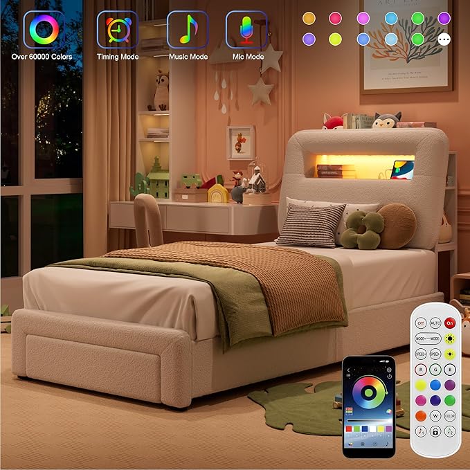 Twin LED Bed Frame with Storage Headboard & Charging Station, Kids Bed Frames with Bookcase, Teddy Fleece Upholstered Platform Bed Frames with 1 Storage Drawer, No Box Spring Needed, Beige