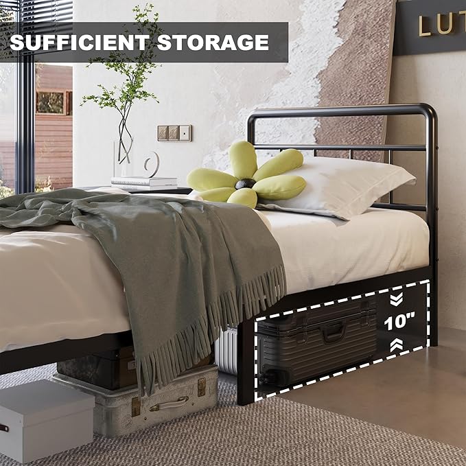 12 Inch Twin XL Bed Frames with Victorian Vintage Headboard and Footboard, No Box Spring Needed, Heavy Duty Metal Mattress Foundation, Noise Free, Easy Assembly, Black