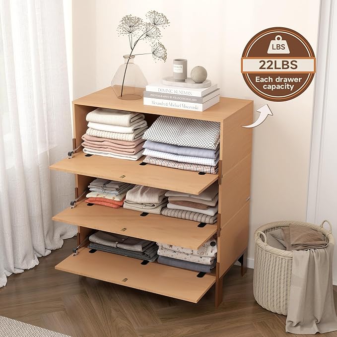 Stackable 3 Drawers Dresser, Customizable Chest of Drawers for Bedroom, Living Room, Hallway, Entryway, Closet, Easy Assembly Wood Furnitures Cabinet, 30 inch Width Beech Color