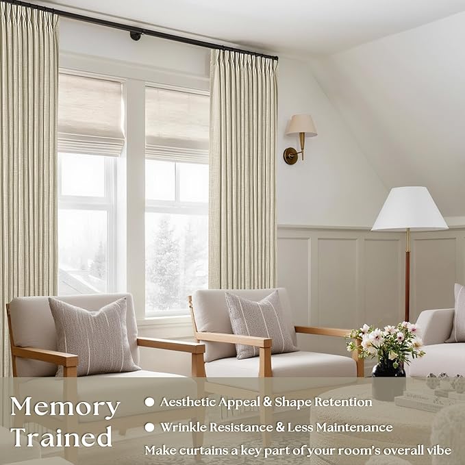 Linen Flax 102 Inch Curtains Pinch Pleated Linen Curtains 2 Panels for Living Room Bedroom Memory Training Semi Sheer Pinch Pleat Farmhouse Beige Drapes Back Tab Light Filtering Window Curtain 40x102