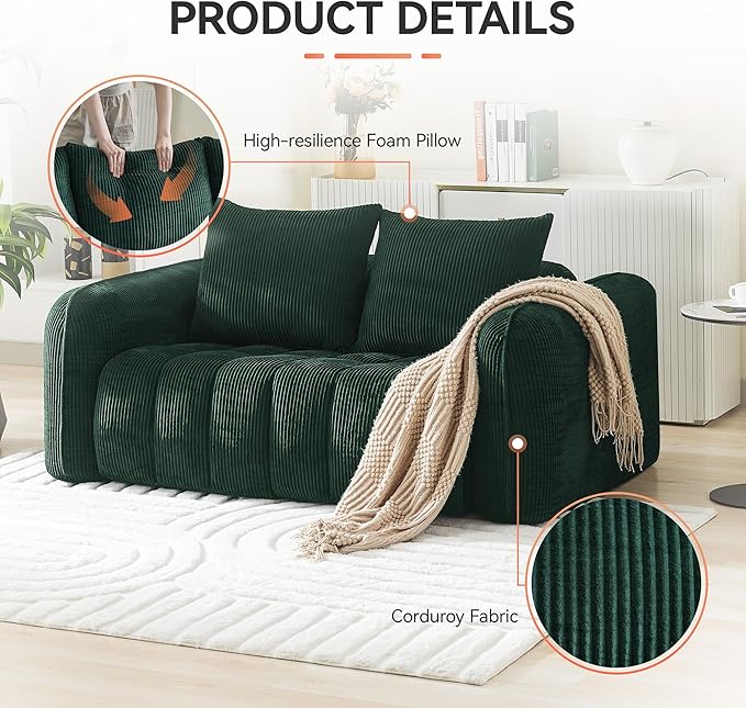 66'' Boneless Corduroy Loveseat Sofa, 2 Seater Tufted Deep Seat Couch with Rounded Armrest, Upholstered Cloud Couch for Living Room, Bedroom, No Assembly, Green