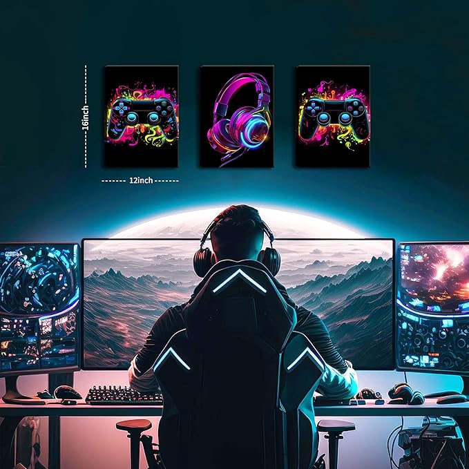 BGFCE Game Room Decor Set of 3, Neon Gaming Video Game Room Wall Art, Gaming Canvas Paintings Posters Prints for Teen Boys Room Children Teen Wall Decor Framed 12x16 in