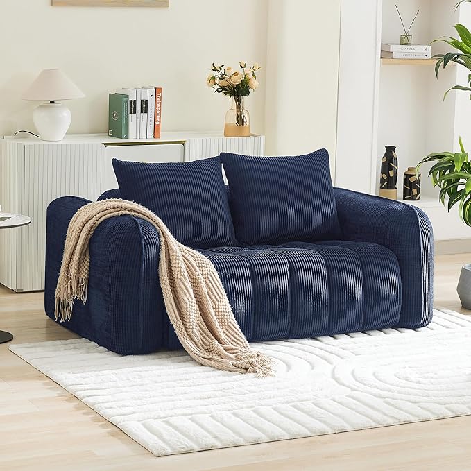 66'' Boneless Corduroy Loveseat Sofa, 2 Seater Tufted Deep Seat Couch with Rounded Armrest, Upholstered Cloud Couch for Living Room, Bedroom, No Assembly, Navy