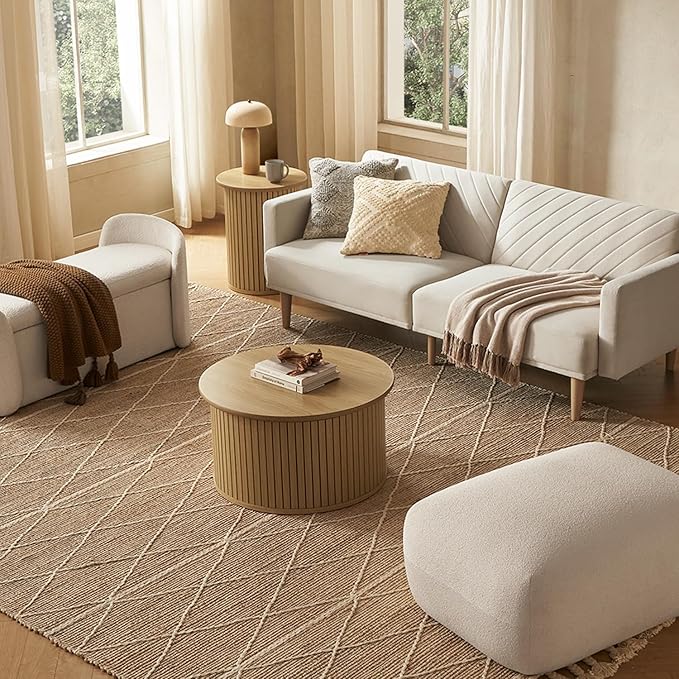 mopio Quin Tambour Round Circle Coffee Table with Storage, Drum Accent, Mid Century Modern, Wood, Fluted Center, Tea Table with Removable Lid, Living Room (Oak)