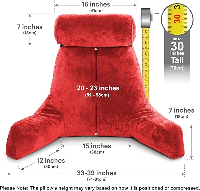 Husband Pillow XXL – Reading Pillow Bed Chair with Arms & Back Support – Red - Back Pillow for Beds Sitting Up – Bed Rest Arm Pillow – Comfy Reading Pillow for Adults