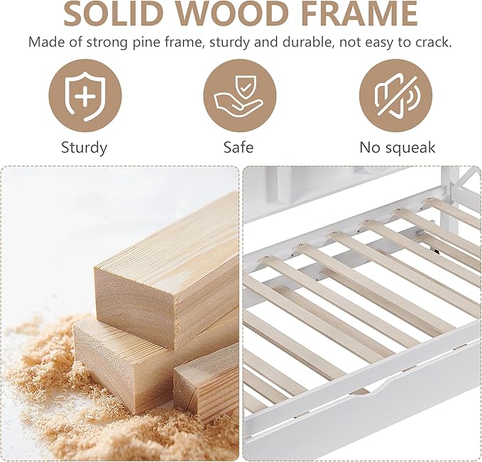 Twin House Bed for Kids with Trundle and Storage Shelves, Montessori Bed with Guardrails and Wood Slats, Platform Bed with Headboard for Boys Girls, 74.4" L x 40.2" W x 71" H, White