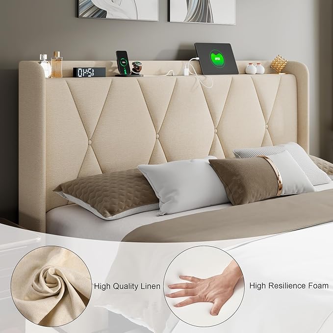 Feonase Queen Bed Frame with 4 Storage Drawers, Upholstered Button Tufted 4" Storage Headboard with Fast Charging Station, Heavy Duty Slats Support, No Box Spring Needed, Noise-Free, Beige