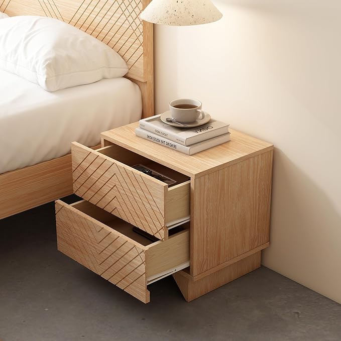 MUSEHOMEINC Solid Wood Nightstand with 2 Drawer Storage, Modern Beside Table, Small 2 Drawer Dresser, Night Stand with Two Unique Rhombus Details Drawers for Bedroom, Home,Living Room