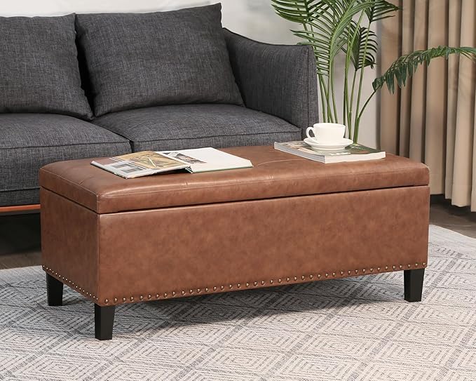 Joveco 41 Inches Storage Ottoman Bench,Microfiber Button Tufted Footstool Ottoman Bench with Nailhead Trim for Bedroom (Chocolate Brown)