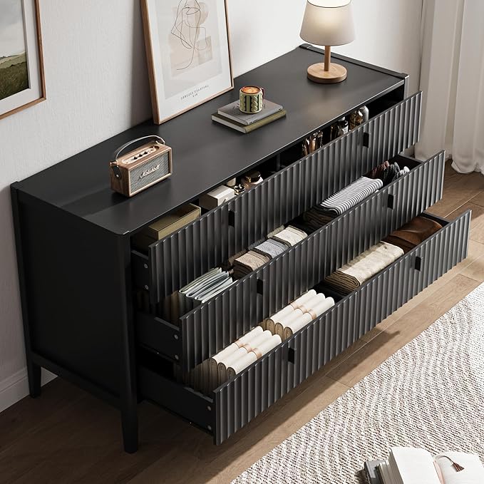 6 Drawer Dresser, Modern Chest of Drawers for Bedroom, Wood Fluted Dresser Organizer with Deep Drawers for Clothes, Nightstand for Bedroom, Hallway, Living Room, Entryway, Black