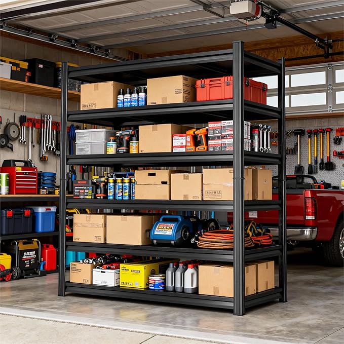Storage Shelves, Garage Metal Shelving Unit, Adjustable, Double-Layer Column with Reinforced Ribs, Heavy-Duty, Capable of Bearing 600-3600 lbs (Black, 47''W*24''D*77''H, 6-Tier)