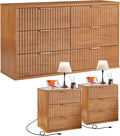 LEYAOYAO 48" Wide Fluted Dresser and 3 Drawers 23" Nightstand Set of 2, Wooden Dresser & Night Stand with Charging Station, 3 Piece Bedroom Furniture Set, Wood Chest of Drawer for Living Room,Brown