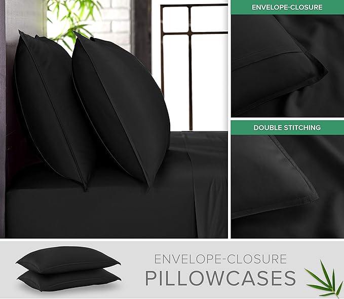 Pure Bamboo Full Sheets, Genuine 100% Organic Viscose Derived from Bamboo Bed Sheet Set, Luxuriously Soft & Cooling, Double Stitching, 2 Year Quality Promise (Full, Black)