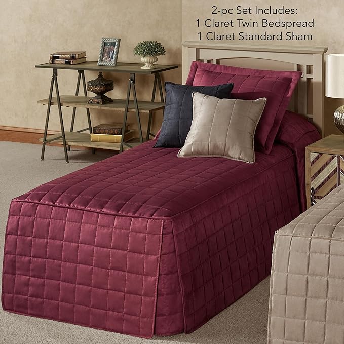 Touch of Class Camden Luxury Bedding | Neutral Claret Color | Classic Fitted Bedspread | Faux Suede Box Quilted Design | Designed 2 Piece Set Includes Twin Bedspread and 1 Standard Sham