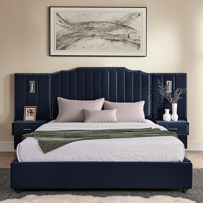 Luxury Queen Bed Frame with Headboard and Storage, Velvet Fabric Upholstered Platform Bed Frame Queen Size with LED Lights, Solid Frame & Bedside Table, No Box Spring Needed, Dark Blue