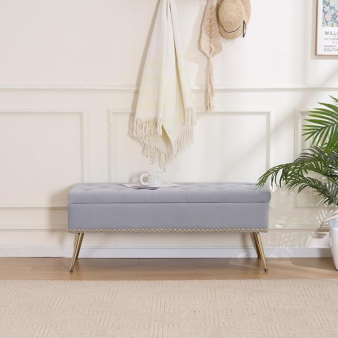 Velvet Storage Bench with Gold Legs& Nailhead Trim, 46" Wide Upholstered Modern Bedroom Bench for End of Bed, Tufted Ottoman for Entryway Living Room Dining Room (Gray, 46" Wide)
