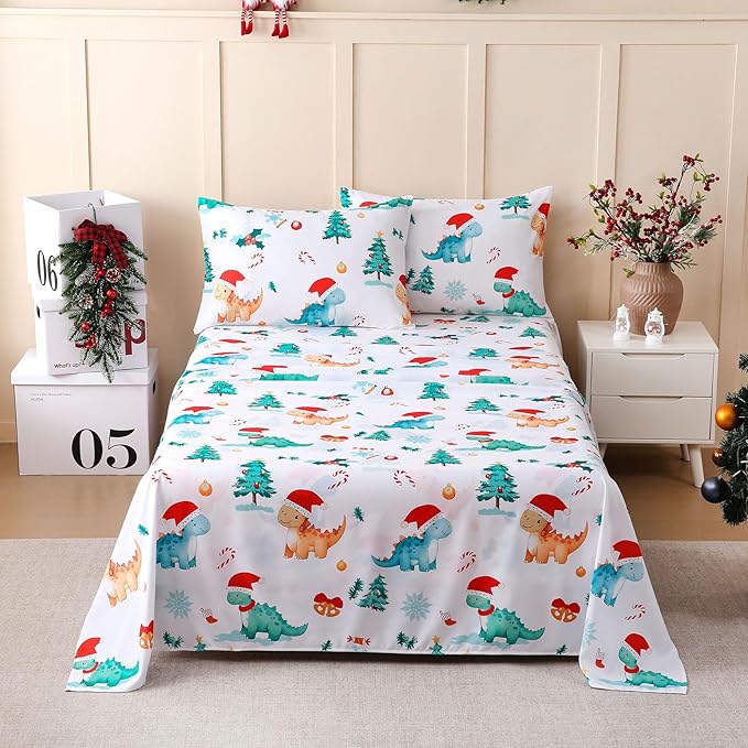 JSD Dinosaur Kids Christmas Sheet Set Full Size, 4 Piece Soft Printed Microfiber Bed Sheets Deep Pocket